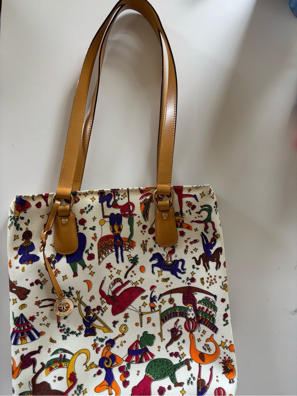 Piero Guidi Multicolor Printed Shoulder Bag with Tan Straps